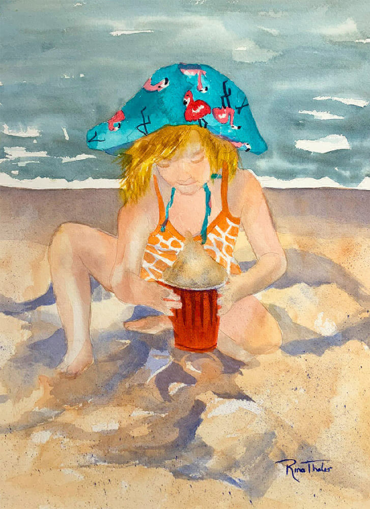 Sand Play Watercolor Painting by Ocean City Artist Rina Thaler